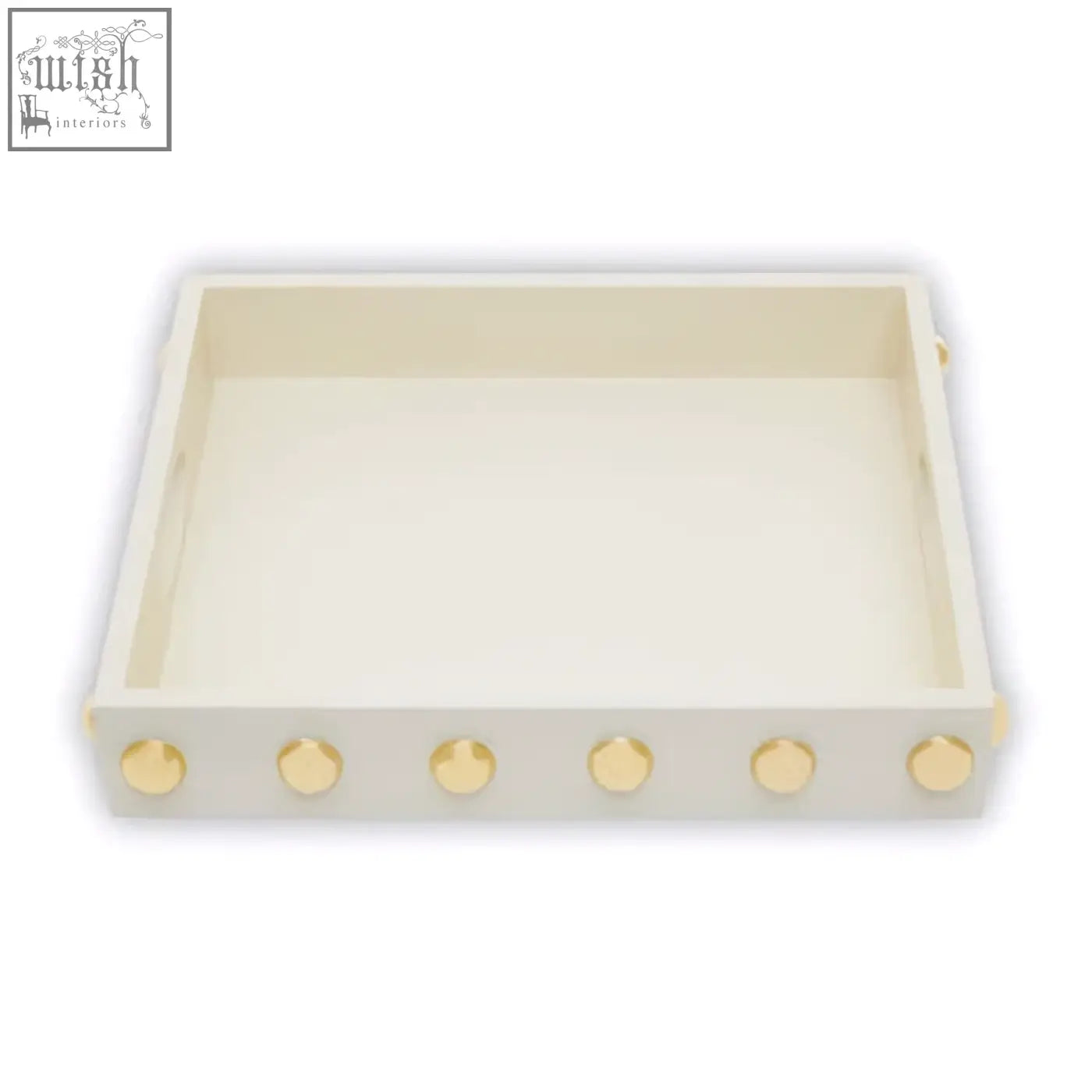 Cream-colored rectangular gold studded tray with gold-toned studs along the front edge for stylish decor