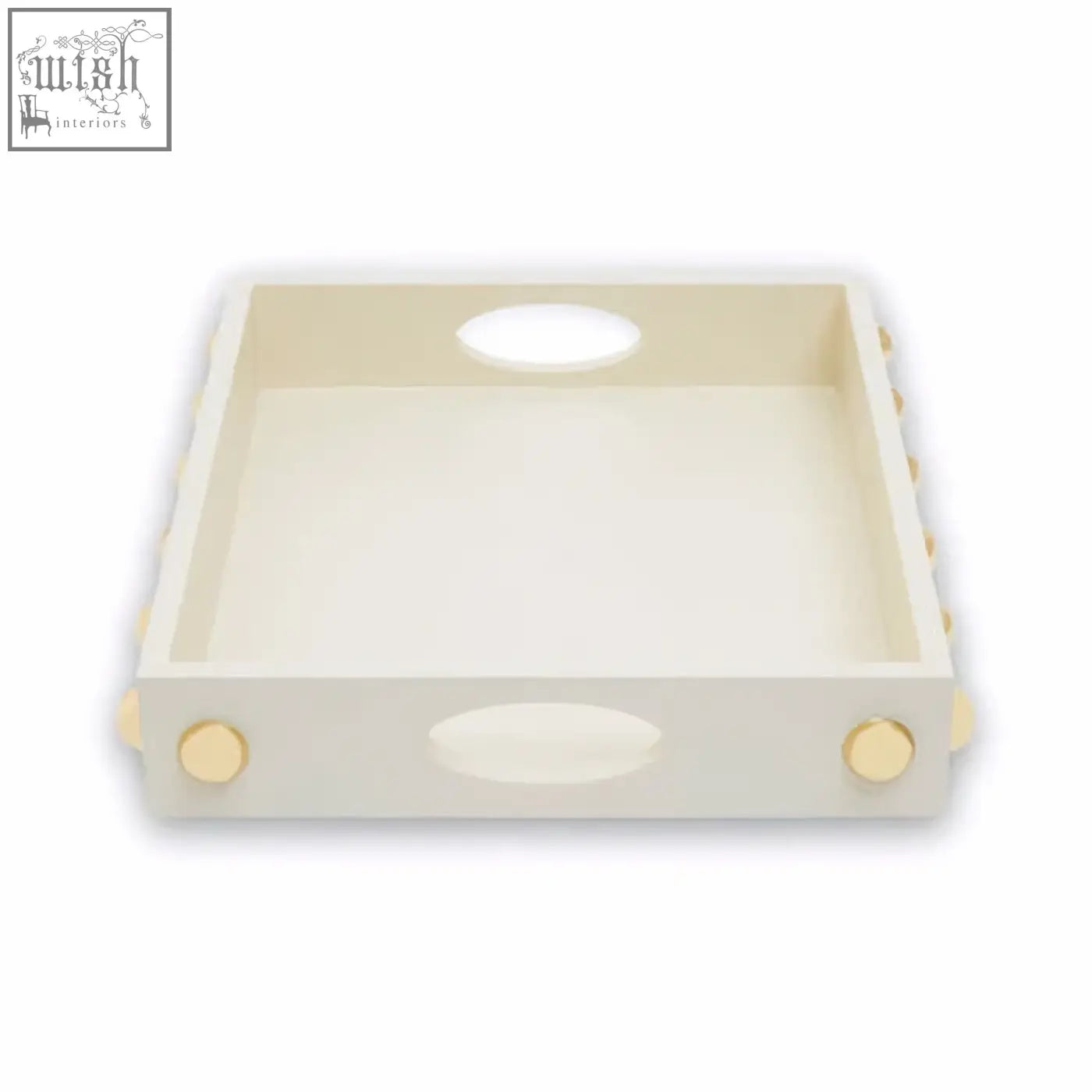 Cream-colored wooden tray with rounded handles and gold-toned decorative knobs in a gold studded tray design