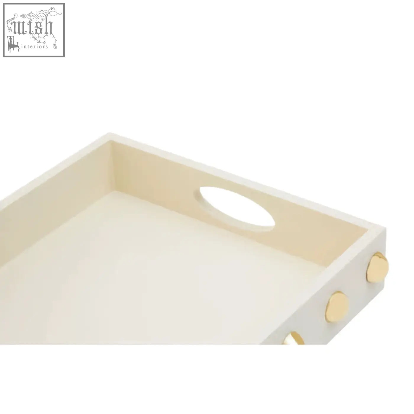 Cream-colored wooden gold studded tray frida cream with gold-toned circular accents and oval cutout handle