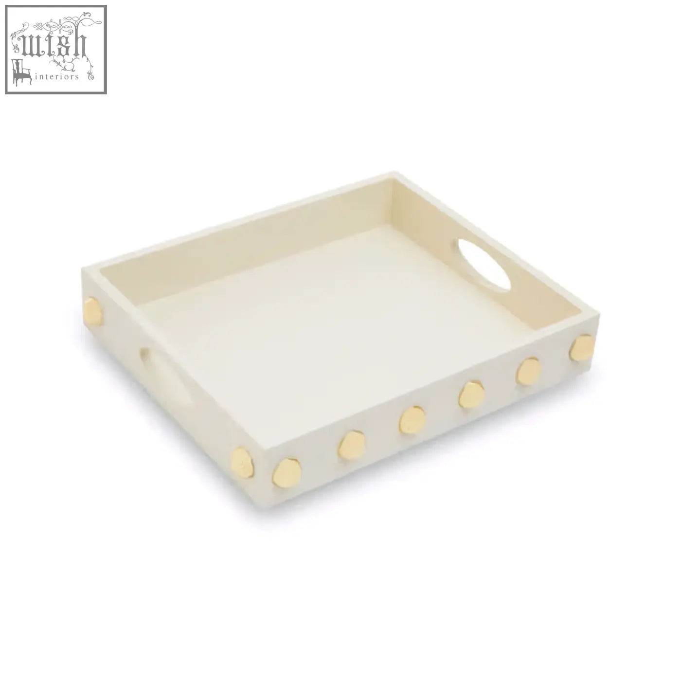 Frida cream and gold studded wooden tray with circular studs and cutout handle for serving or decor