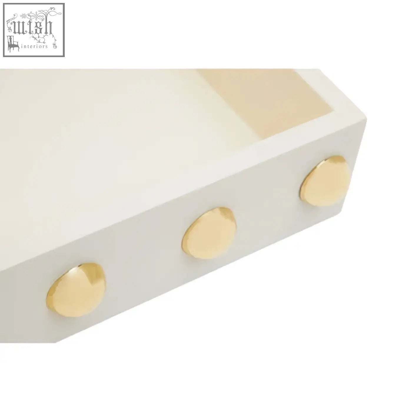 Frida cream and gold studded tray with three gold toned circular accents on white rectangular surface