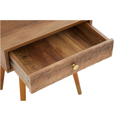 Light brown frida wood veneer bedside table with single drawer brass handle and tapered legs wood veneer bedside