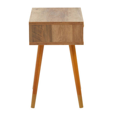 Frida wood veneer bedside table with a light brown wood veneer finish single drawer and tapered legs