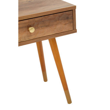 Frida wood veneer bedside table with 1 drawer tapered legs warm brown finish and brass knob wood veneer bedside
