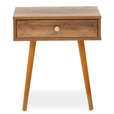 Frida wood veneer bedside table with 1 drawer features mid-century modern wood veneer bedside design and brass knob