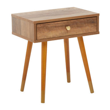 Frida wood veneer bedside table with 1 drawer in warm brown wood veneer and brass knob for mid-century modern style