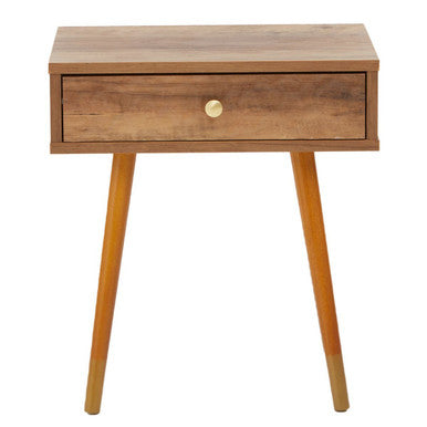 Frida wood veneer bedside table with 1 drawer features a natural wood finish and round brass knob on tapered legs