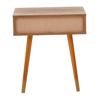Minimalist frida wood veneer bedside table with single drawer and tapered legs in natural wood veneer finish