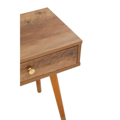 Frida wood veneer bedside table with 1 drawer in warm brown wood veneer finish and brass knob on tapered legs