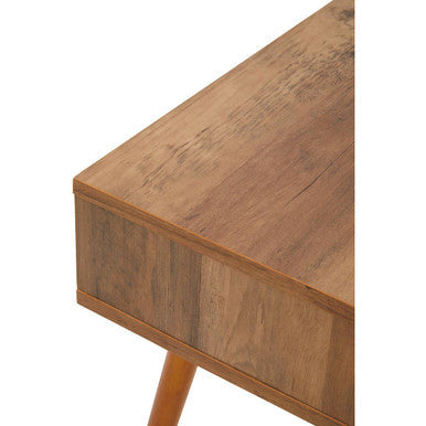 A sleek light brown wood veneer bedside table with smooth finish and tapered legs featuring one drawer