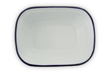 White enamel rectangular pie dish with dark blue rim perfect for baking pies from scratch