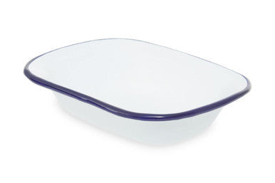 White enamel rectangular pie dish with dark blue rim perfect for baking pies and casseroles from scratch