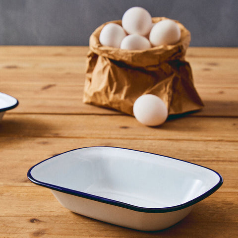 White enamel rectangular pie dish with navy blue rim perfect for baking rectangular pies from scratch