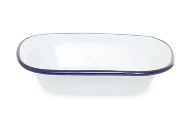 White enamel rectangular pie dish with dark blue rim perfect for baking rectangular pies and desserts