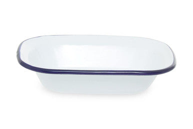 White enamel rectangular pie dish with dark blue rim perfect for baking pies and casseroles from scratch
