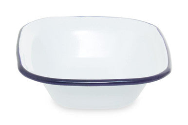 White enamel rectangular pie dish with dark blue rim perfect for baking rectangular pies and desserts