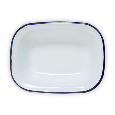 White enamel rectangular pie dish with navy blue rim perfect for baking rectangular pies and desserts