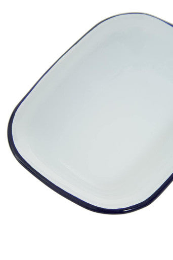 White enamel rectangular pie dish with dark blue rim perfect for baking from scratch pies