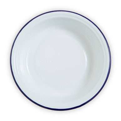 White enamel round pie dish with thin navy blue rim from scratch 23cm round pie dish perfect for baking pies