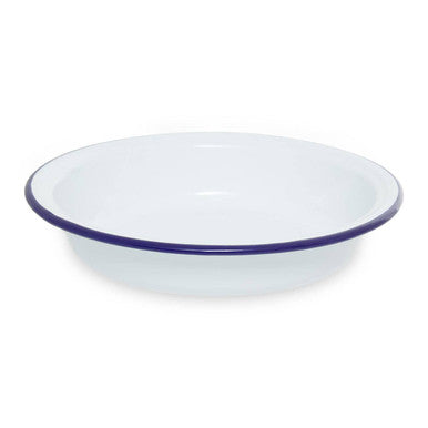 White enamel round pie dish with navy blue rim perfect for baking 23cm round pies from scratch