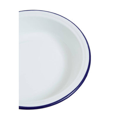 White enamel round pie dish with navy blue rim perfect for baking pies from scratch 23cm round pie dish
