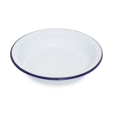 White enamel round pie dish with navy blue rim perfect for baking pies from scratch 23cm round pie dish