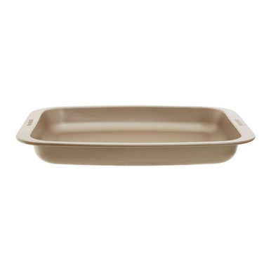 Beige rectangular from scratch 32cm roasting pan with rounded corners and raised handles for easy roasting