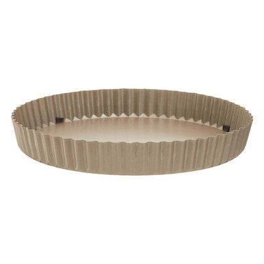 Beige fluted metal scratch flan tin with smooth interior and removable base for easy baking and serving