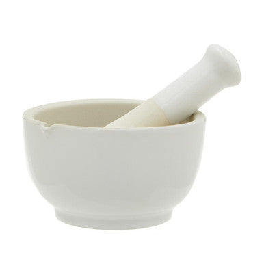 White ceramic scratch medium mortar and pestle set from choose orsina perfect for grinding herbs and spices