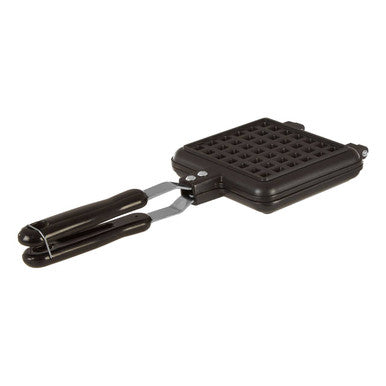 Black rectangular waffle maker with grid pattern and ergonomic handles perfect for making crispy rectangular waffles