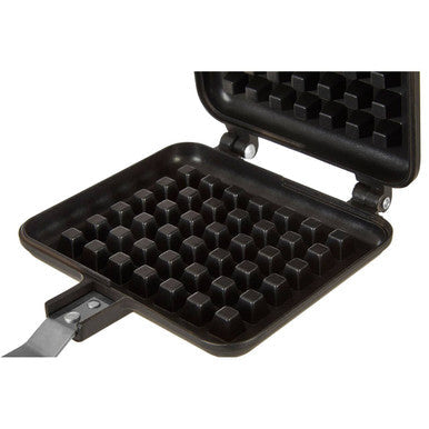Black non-stick rectangular waffle maker with square grid indentations and handle for crispy rectangular waffles