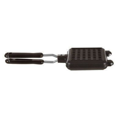 Black plastic and metal from scratch rectangular waffle maker with grid pattern cooking surface for rectangular waffles