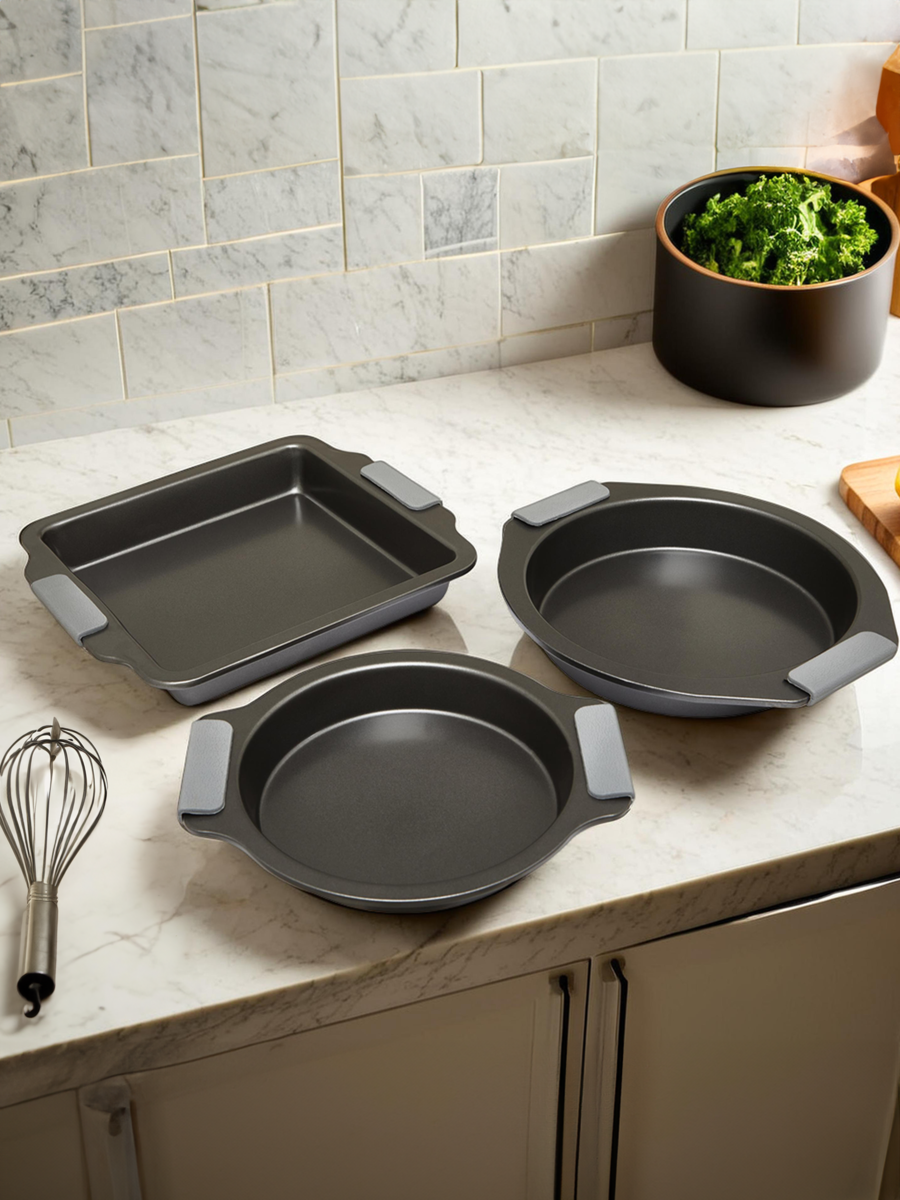 Set of three nonstick baking dishes with gray silicone handles from scratch set for easy baking use