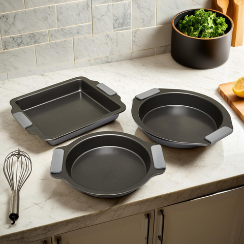 Set of three nonstick baking dishes with gray silicone handles from scratch set for easy baking use