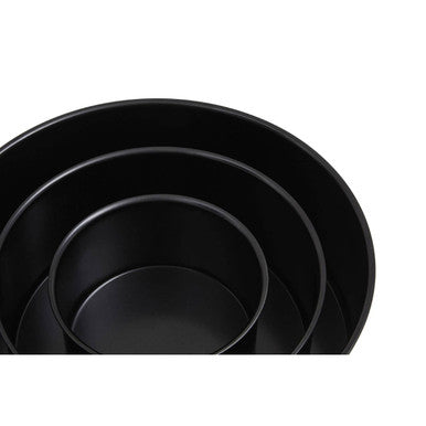 Set of four black non-stick round cake tins in graduated sizes perfect for baking round cakes from scratch