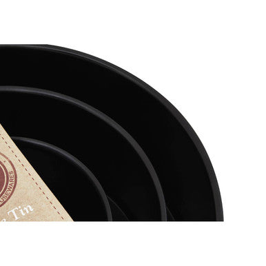 Set of three black non-stick round cake tins with beige label featuring brown text for baking round cakes