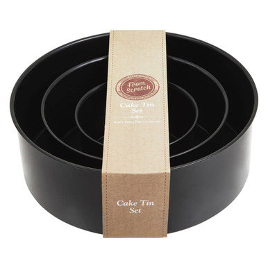 Black non-stick round cake tins set of three with nested circular designs and beige label for baking round cakes