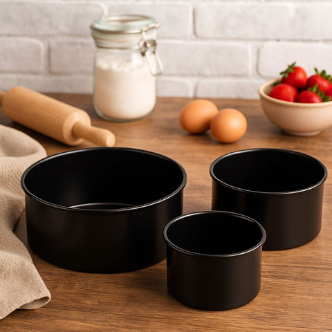 Set of three black non-stick round cake tins perfect for baking from scratch round cakes with easy release