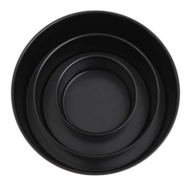 Set of three black non-stick round cake tins nested for easy storage perfect for baking round cakes