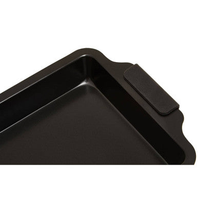 Black rectangular baking tin with scalloped edge and small handle from scratch small black baking tin