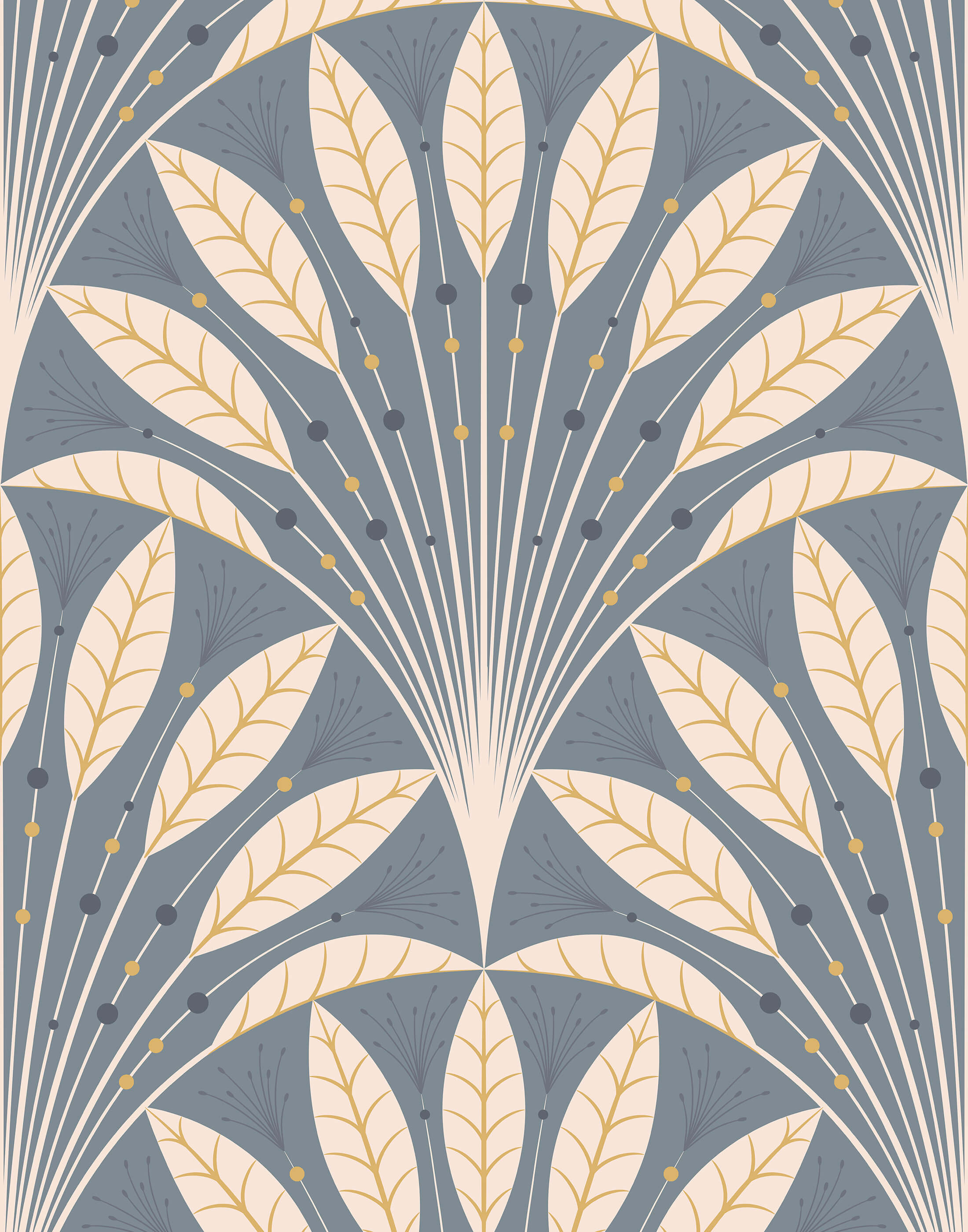 Frond art deco wallpaper with cream and gold leaf motifs on a muted blue gray background for stylish decor