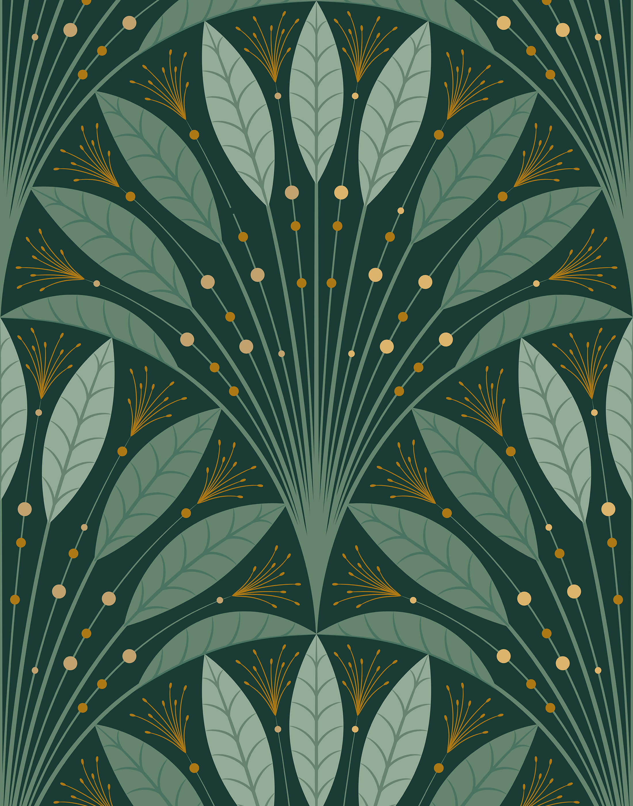 Frond art deco wallpaper with symmetrical green leaf and floral motifs accented with gold for stylish deco decor