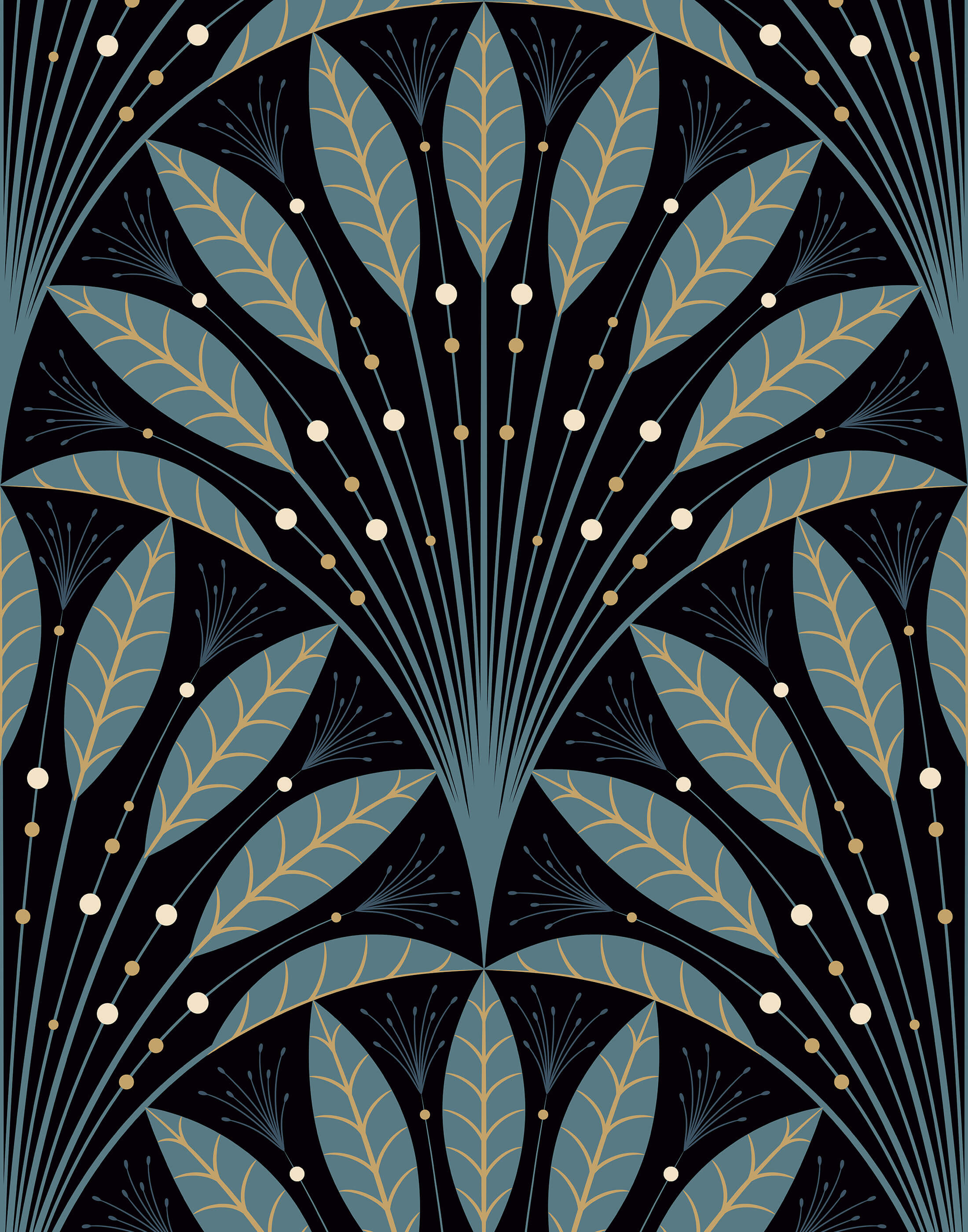 Art deco wallpaper frond with symmetrical teal and gold leaf motifs on black background perfect for deco wallpaper fans