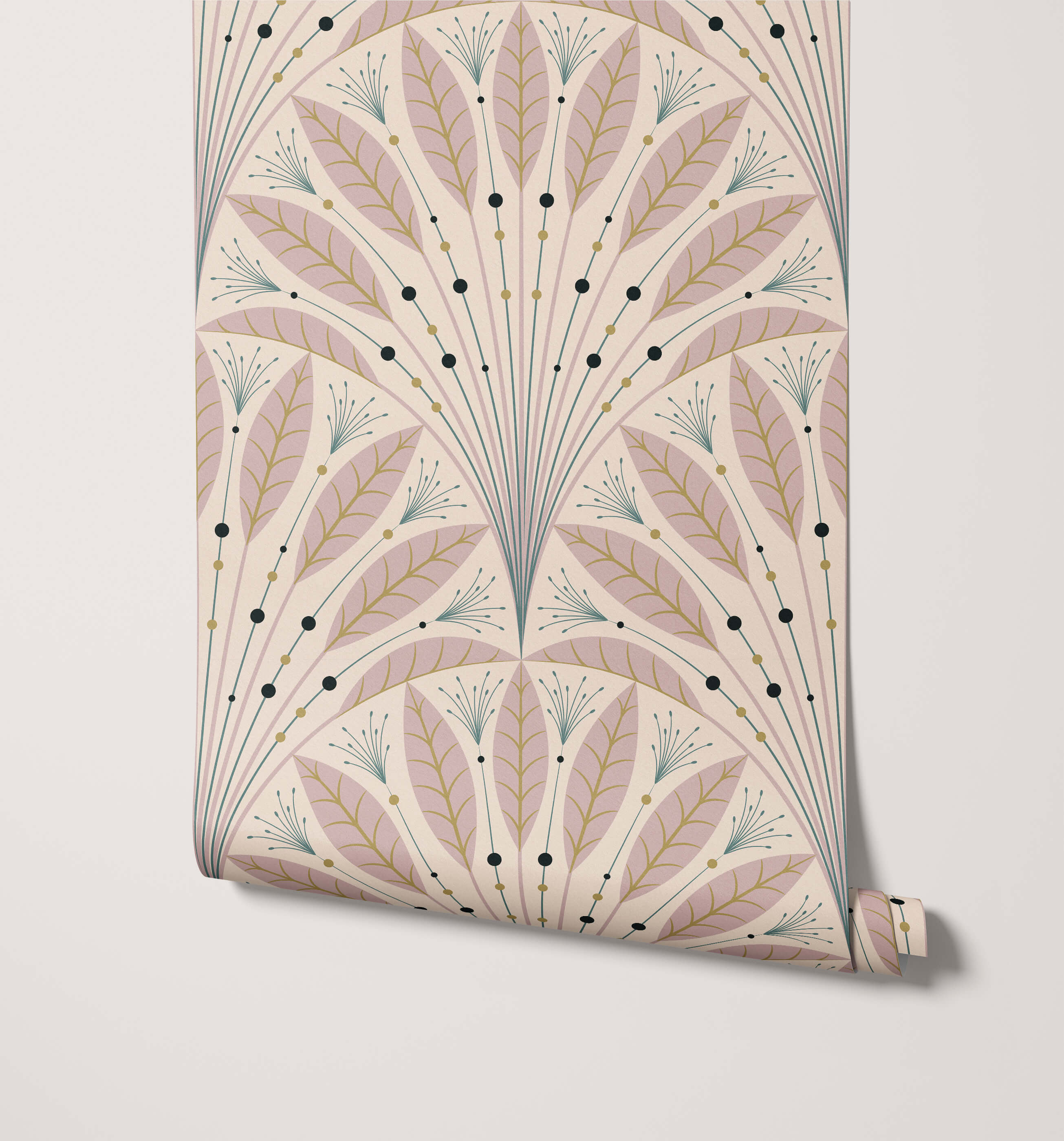 A roll of cream art deco wallpaper with a symmetrical pattern of pink and green stylized leaves and gold veining
