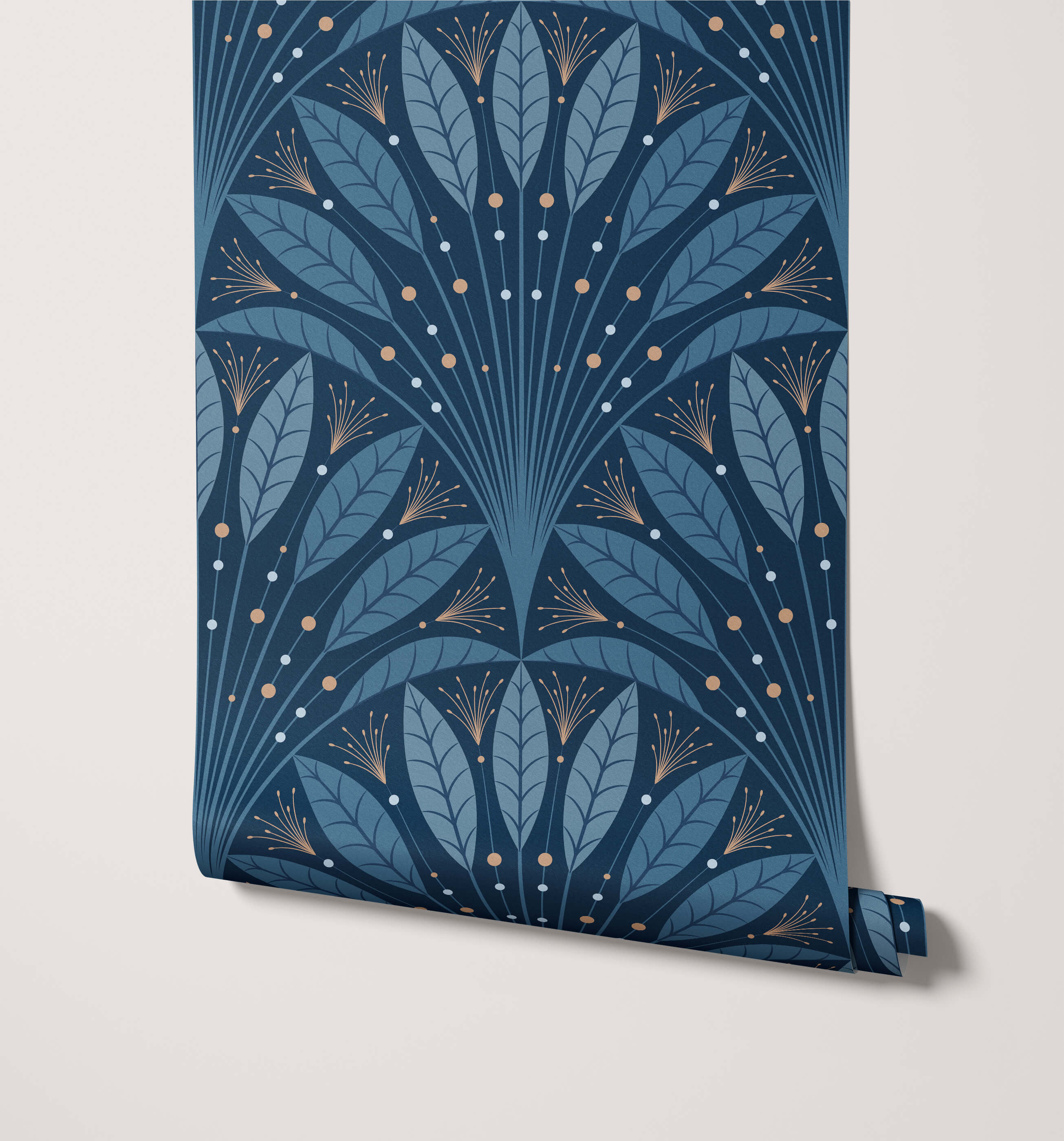 Blue art deco wallpaper with intricate stylized leaves and golden accents from frond collection