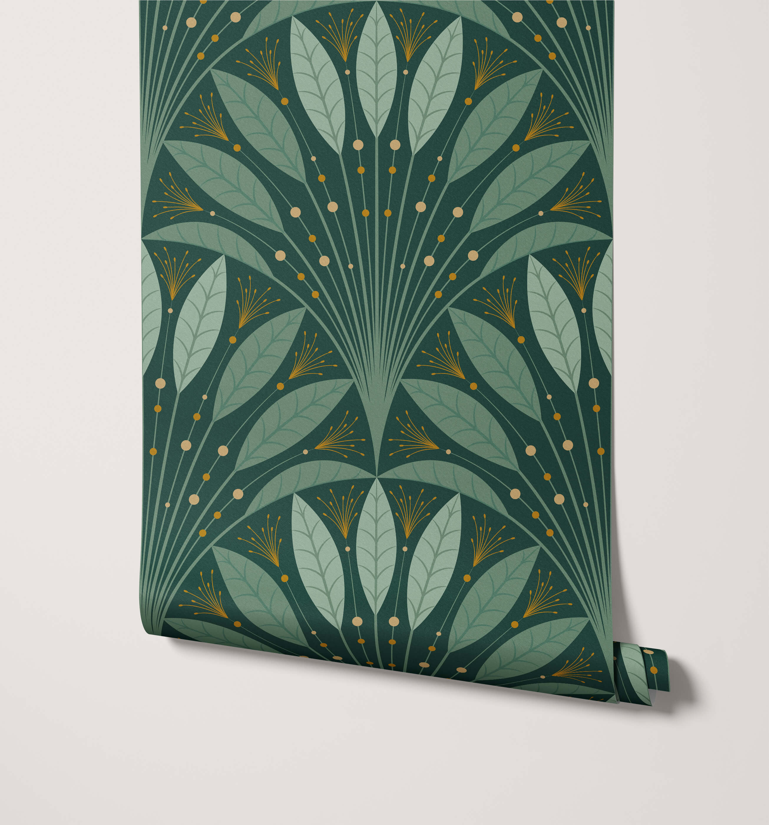 Roll of dark green art deco wallpaper with layered light green leaves and gold accents called frond deco wallpaper