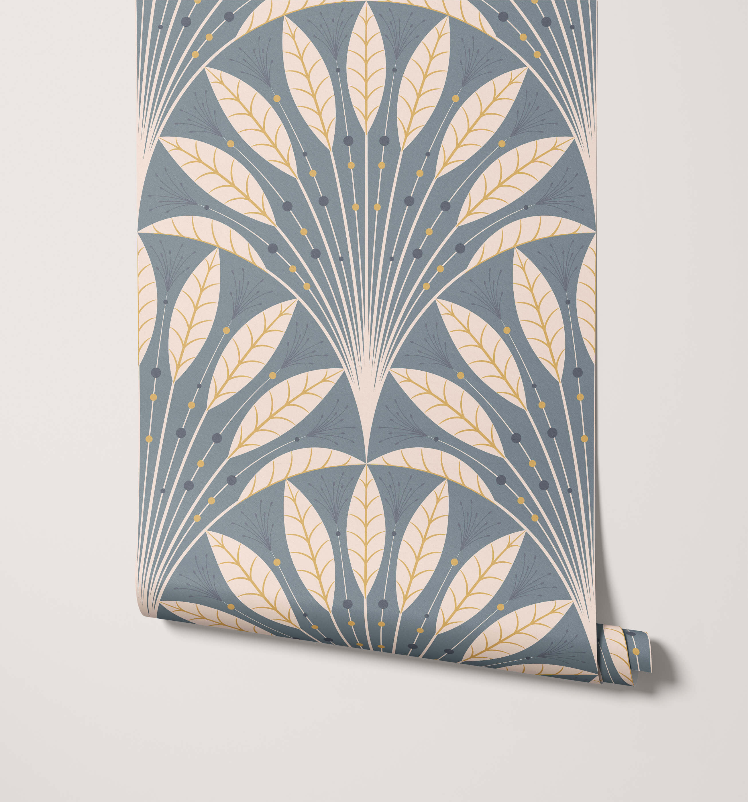 A roll of frond art deco wallpaper with blue cream and gold leaf pattern perfect for stylish wall decor