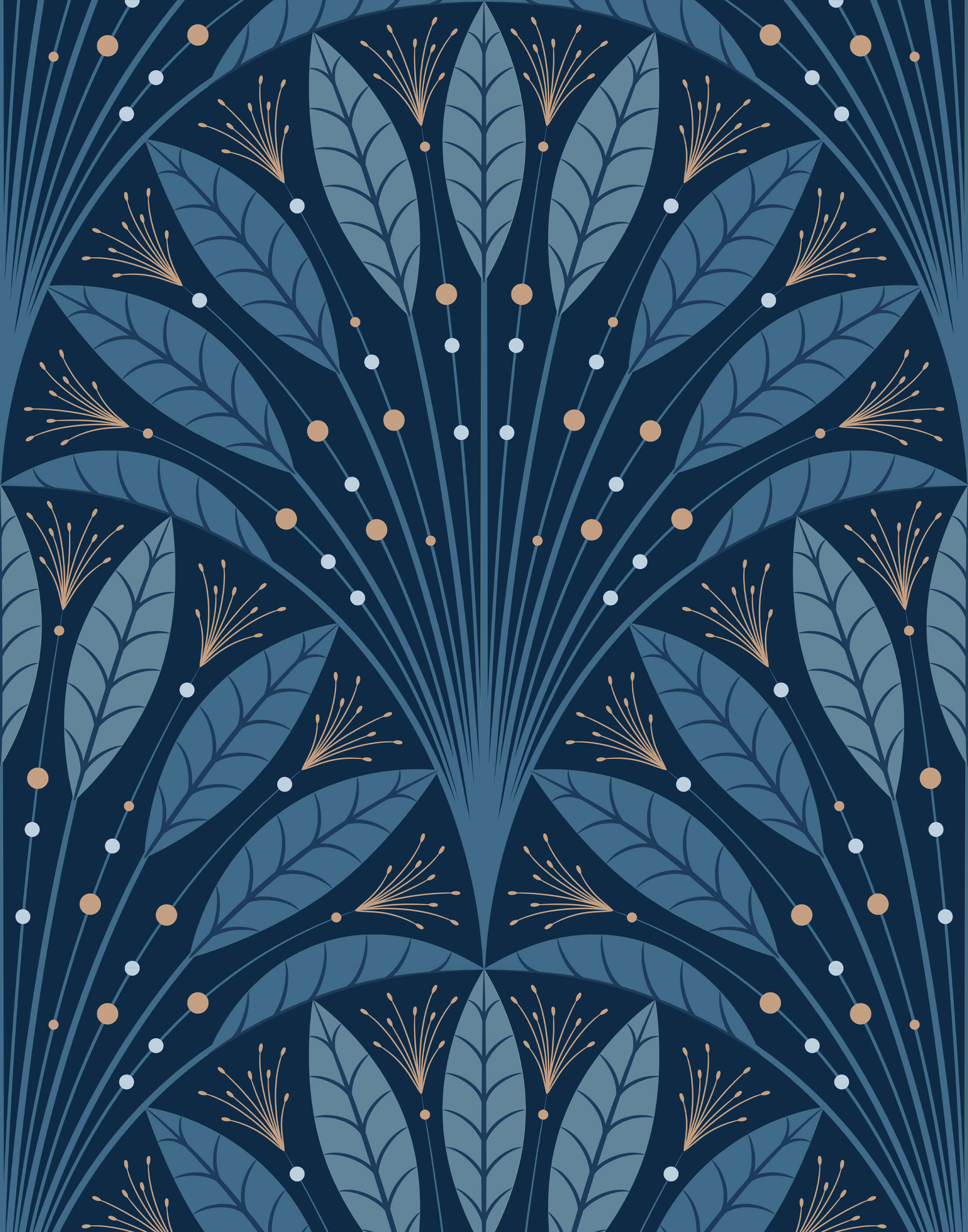 Navy blue and gold art deco wallpaper with stylized leaves dots and radiating lines perfect for deco wallpaper fans