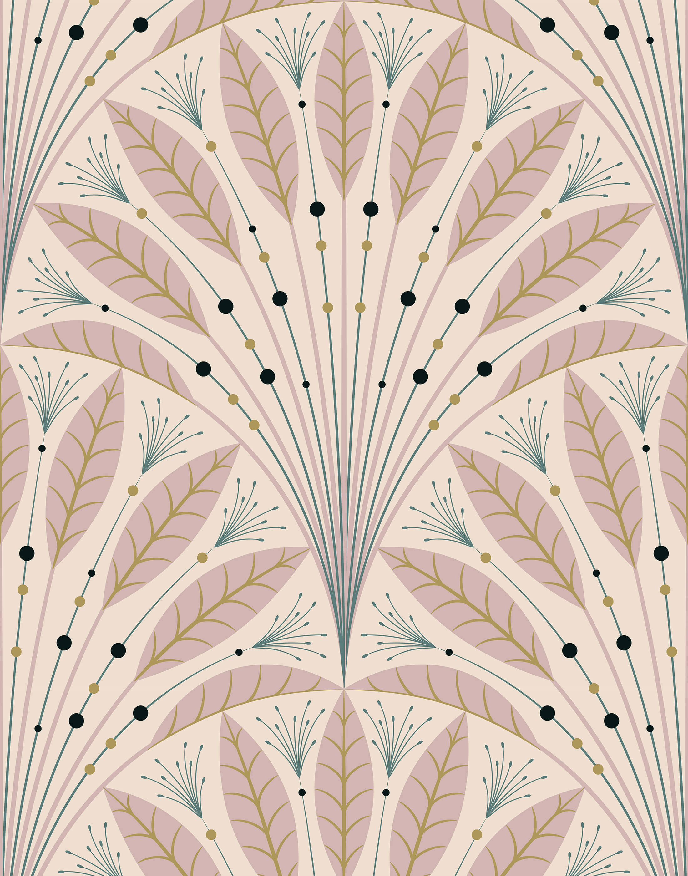 Pastel pink and gold leaf-patterned art deco wallpaper with symmetrical deco wallpaper design perfect for stylish walls