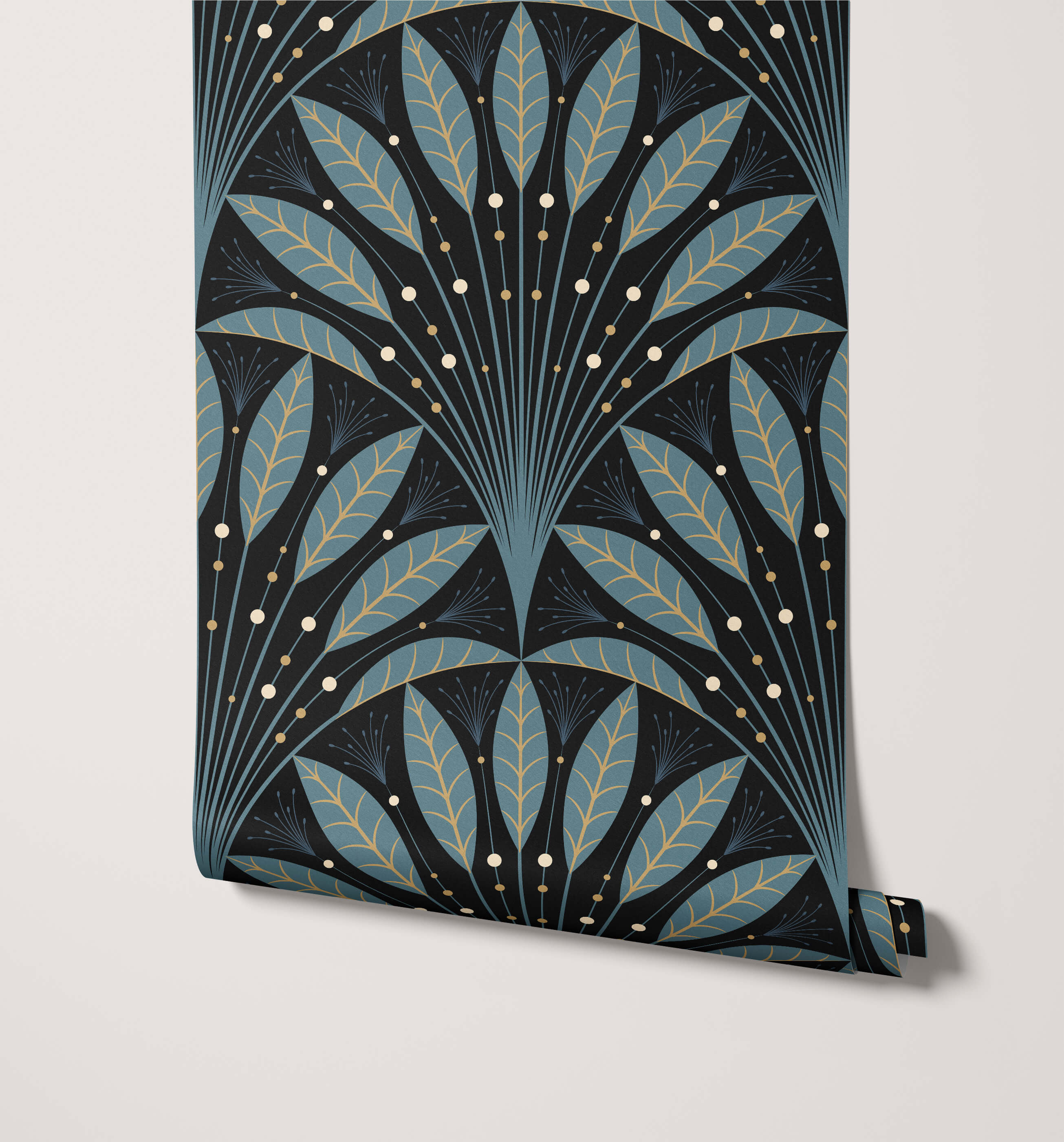 A roll of dark blue and gold art deco wallpaper with stylized leaf motifs called frond deco wallpaper